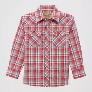 Wrangler Retro Boys Long Sleeve Plaid Western Pearl Snap Shirt Red Medium 7/8